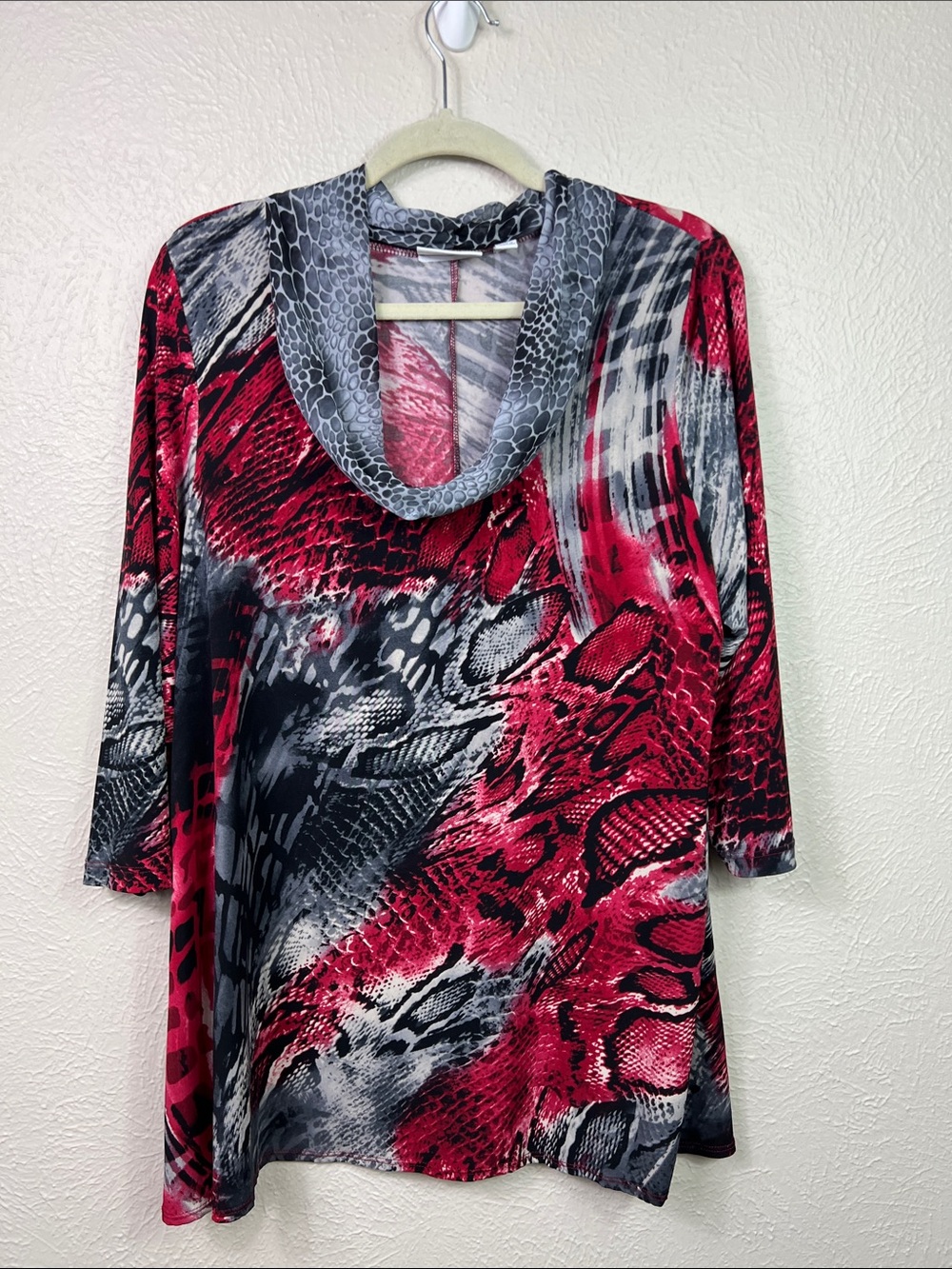 Susan Graver Red Black Gray Printed Cowl Neck Tunic